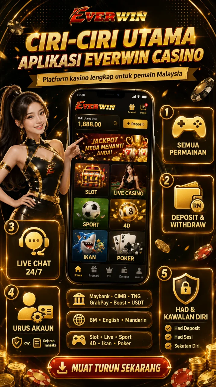 Skrin aplikasi kasino dengan menu permainan lengkap